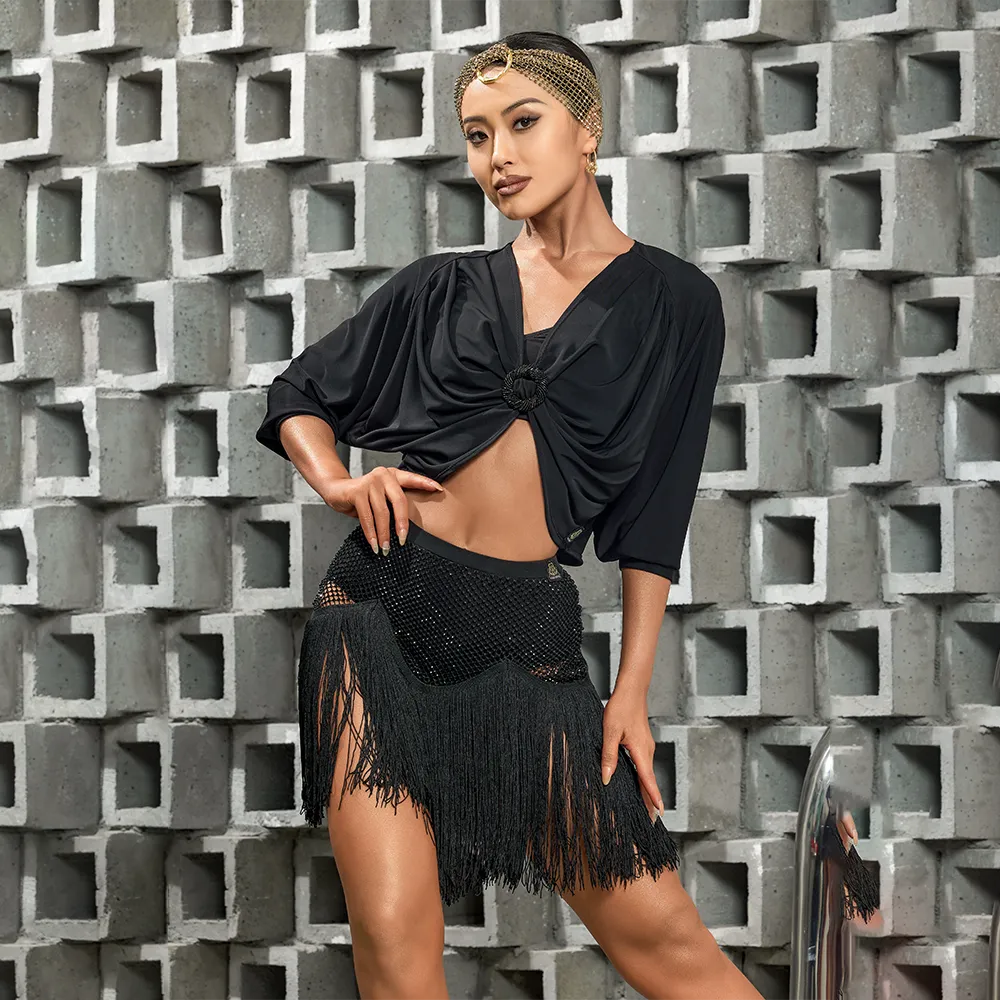 WT638Women’s Ruched Ring‑Knot Crop Latin Dance Top